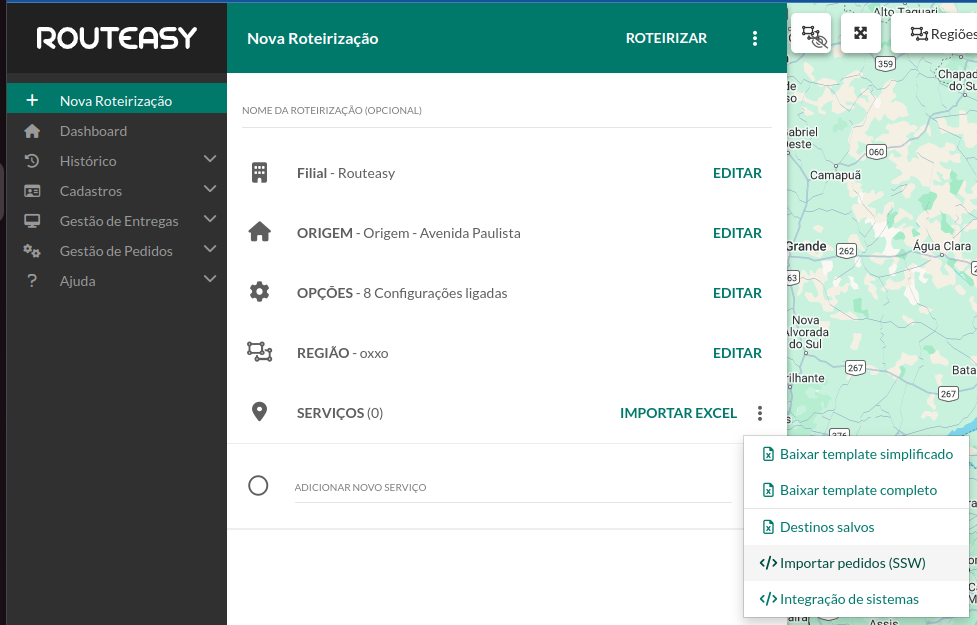 Para abrir o modal de importação SSW: menu lateral -> "+ Nova Roteirização -> 3 pontos ao lado de "importar Excel -> Importar pedidos (SSW)