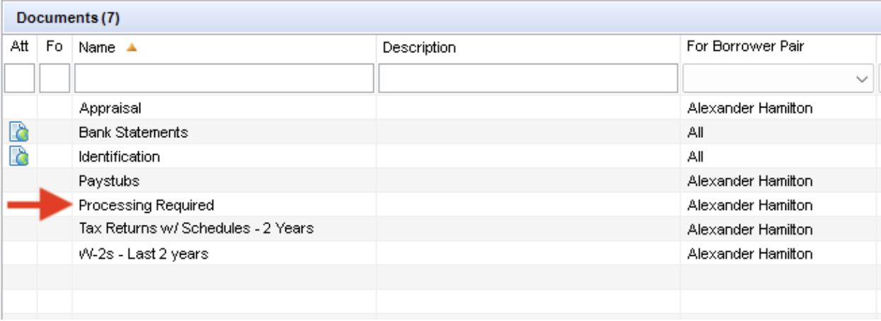 The document containers are available in an Encompass instance. The required **Processing Required** eFolder is highlighted with a red arrow, denoting its importance.