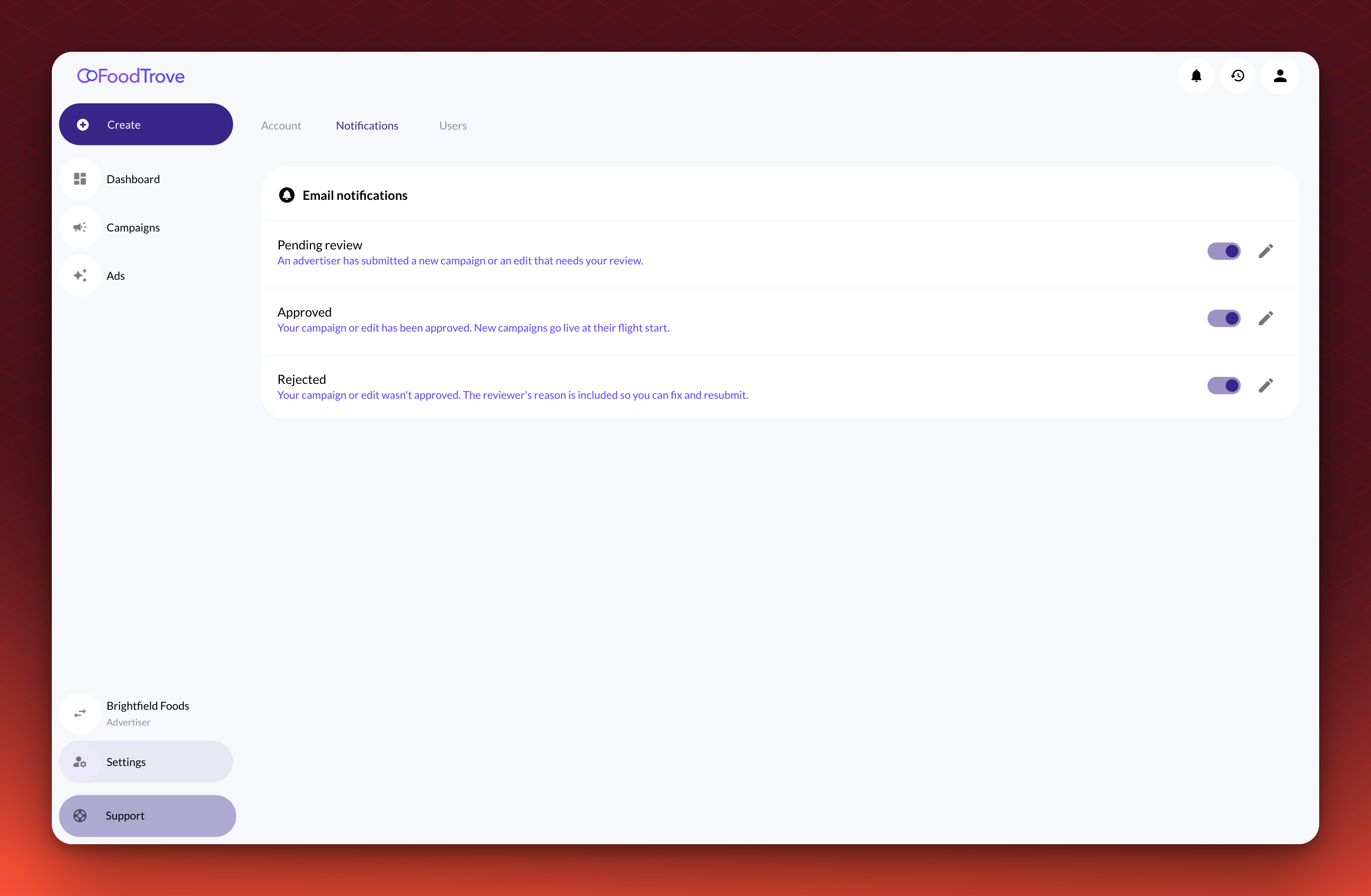 The Notifications tab under Settings, listing the Pending review, Approved and Rejected emails, each with a name, a description, an on and off switch and an edit pencil.