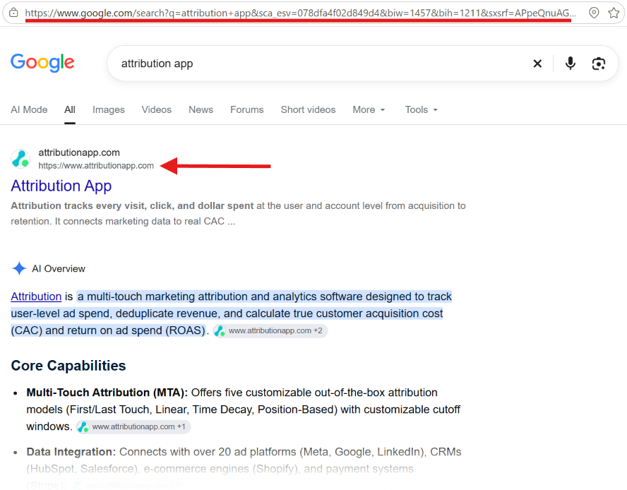 Google search results for "attribution app", with the organic attributionapp.com result first