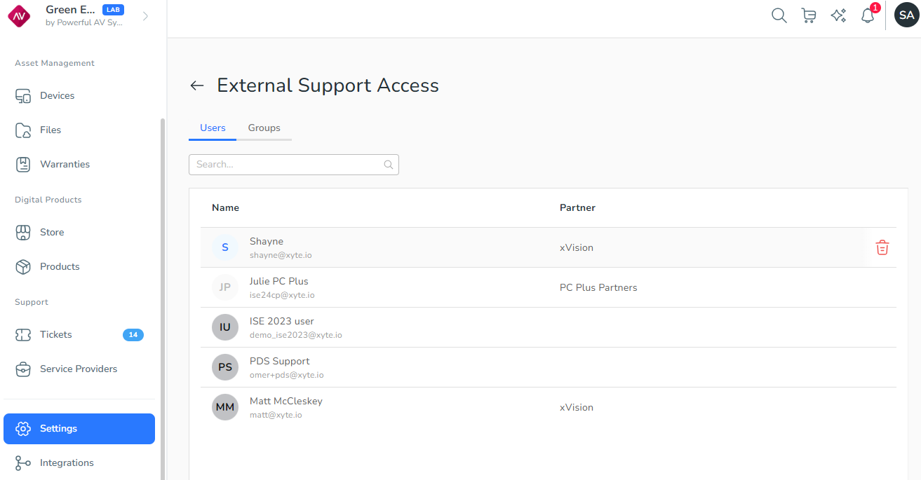 External Support Access page