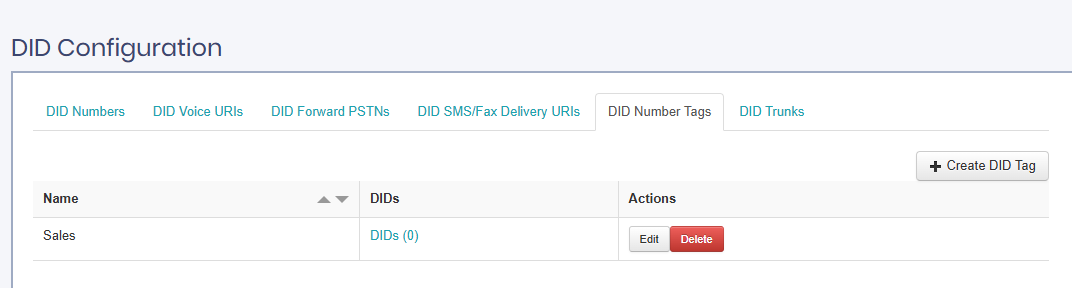 Screenshot of the DID number tag created