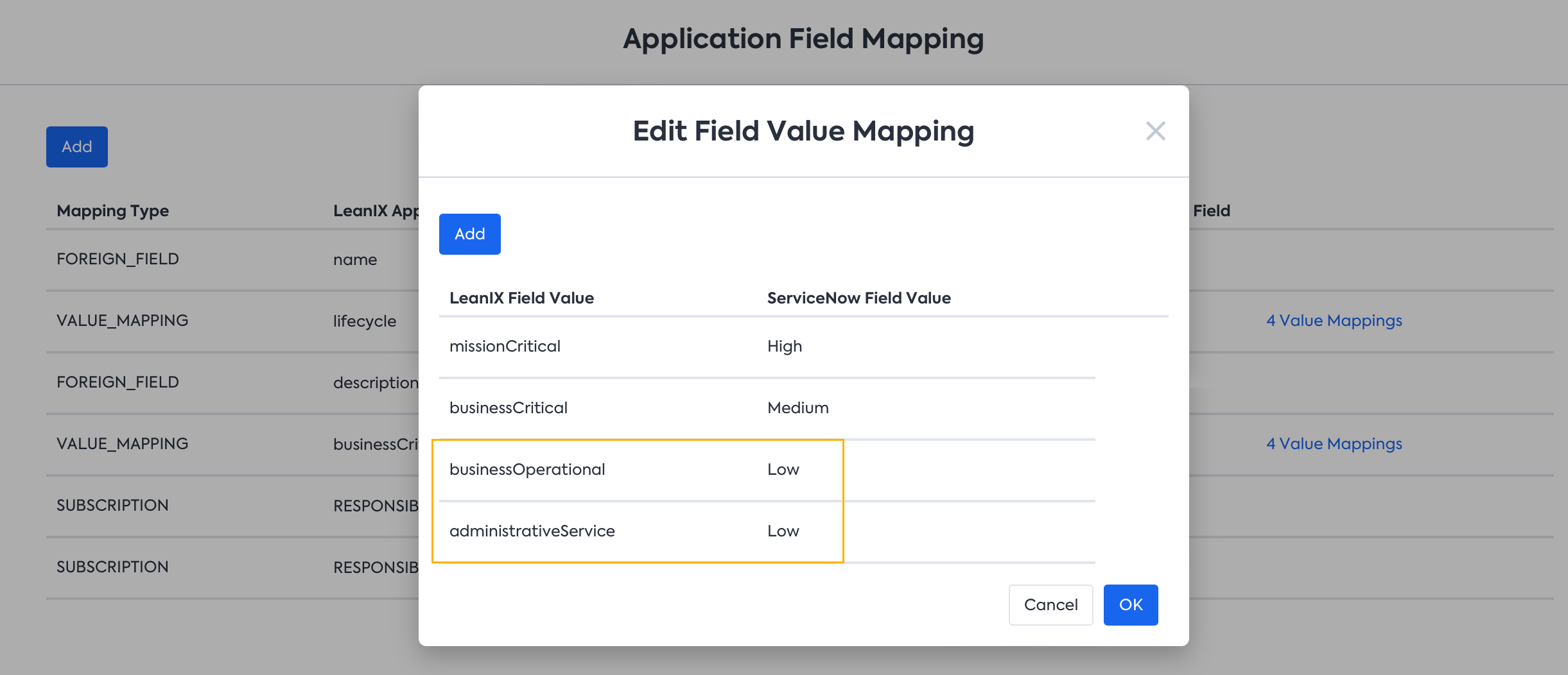 `n:1` Value Mapping support. Business Operational and Administrative Service Criticality both get mapped to the Low choice in ServiceNow.