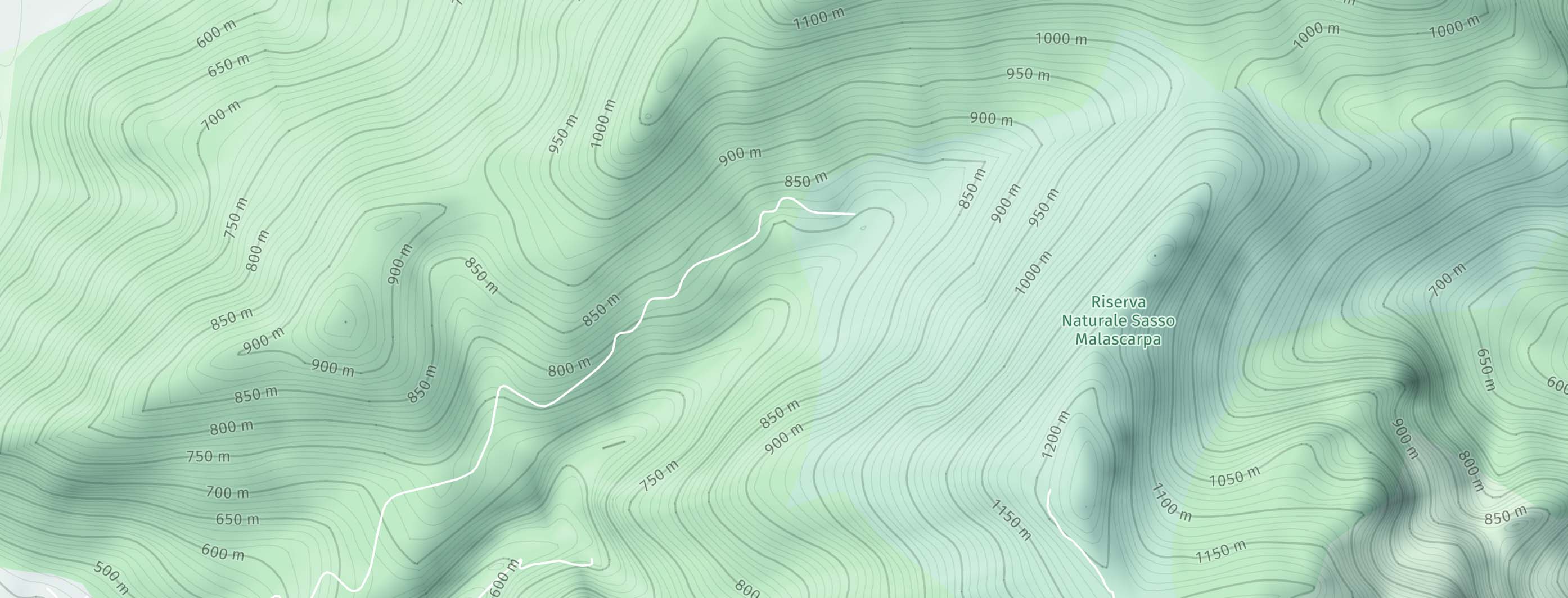 Screenshot: MapFeatures.contours with MapFeatureModes.contoursAll shows contour lines on the map to represent elevation changes. (only available with the Navigate license)