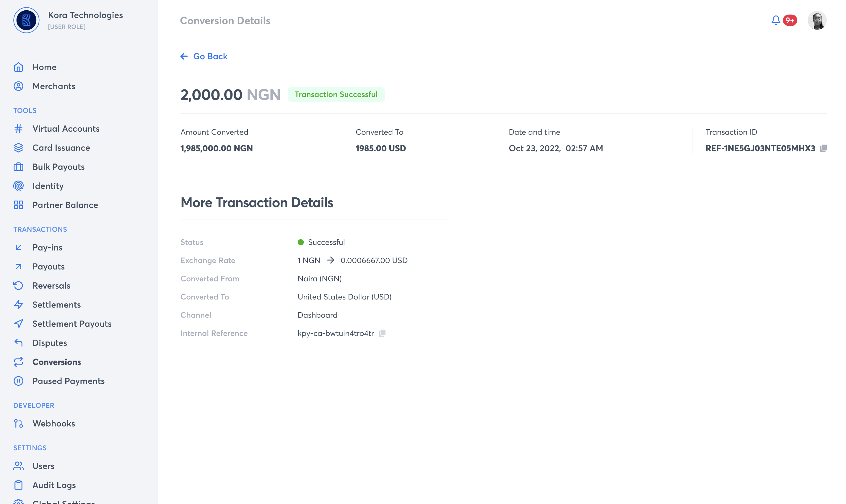 Transaction details page for a currency conversion transaction