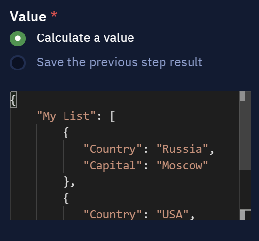 An example of setting up the value using the Calculate a value option