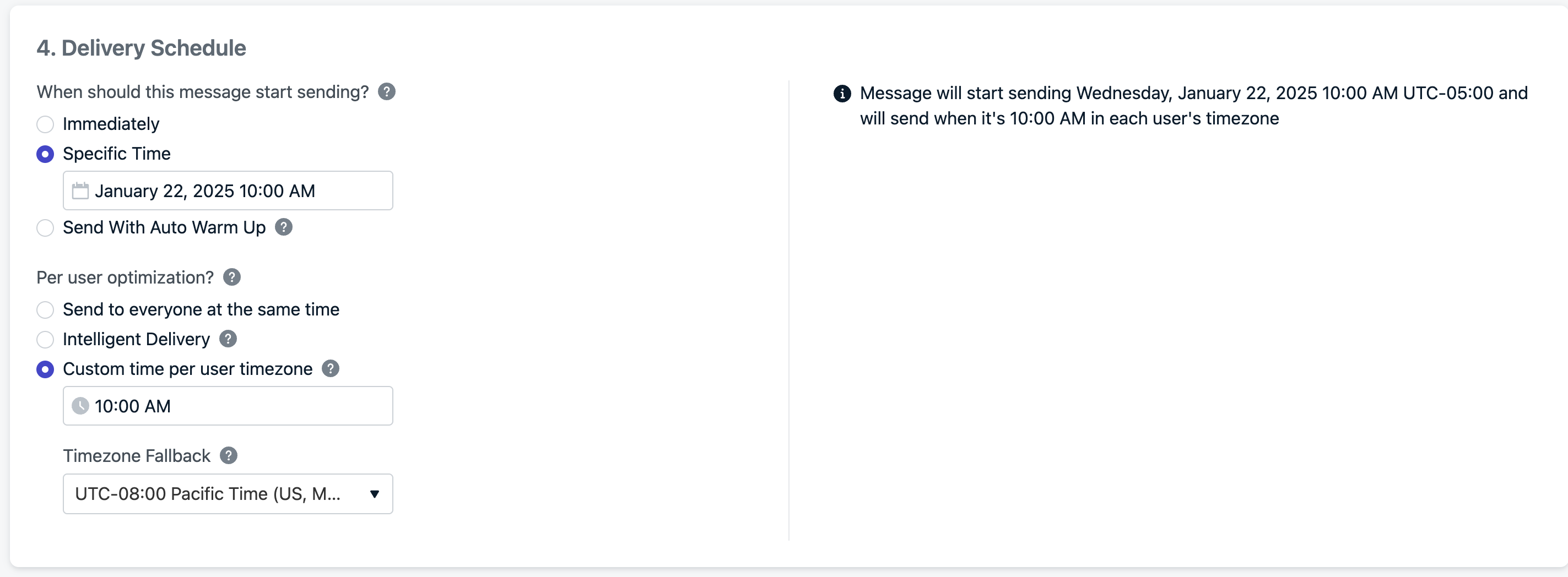 Example shows the email will start sending Nov 9th at 6PM your time, but will be delivered to each user at 9AM in their timezones with a fallback time to UTC-8 if the email address doesn't have a timezone set.