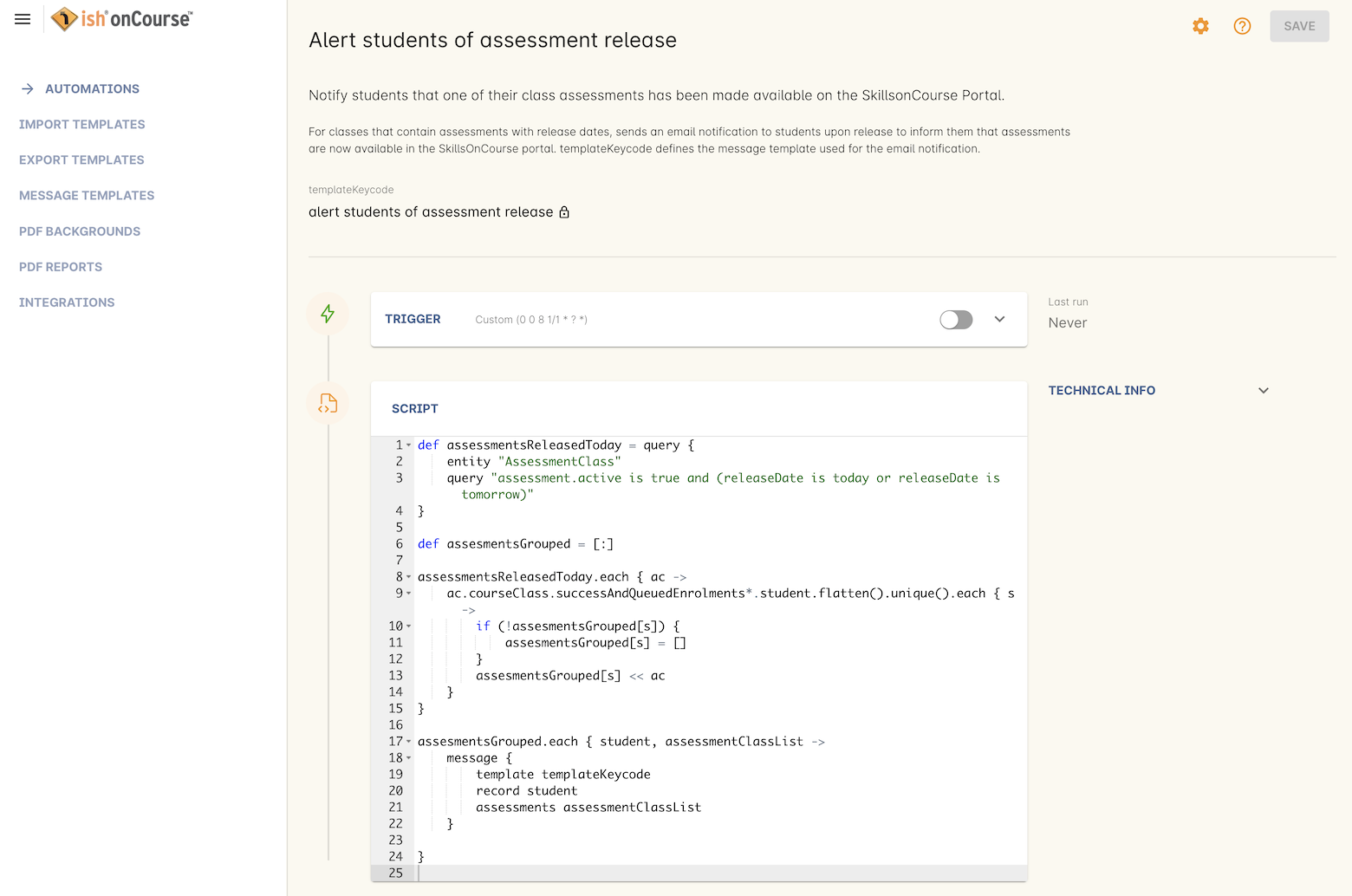 Figure 565. Code view shows just the trigger and the script code