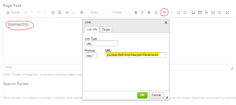 downloadonlylink.png Adding a link in product landing page text.