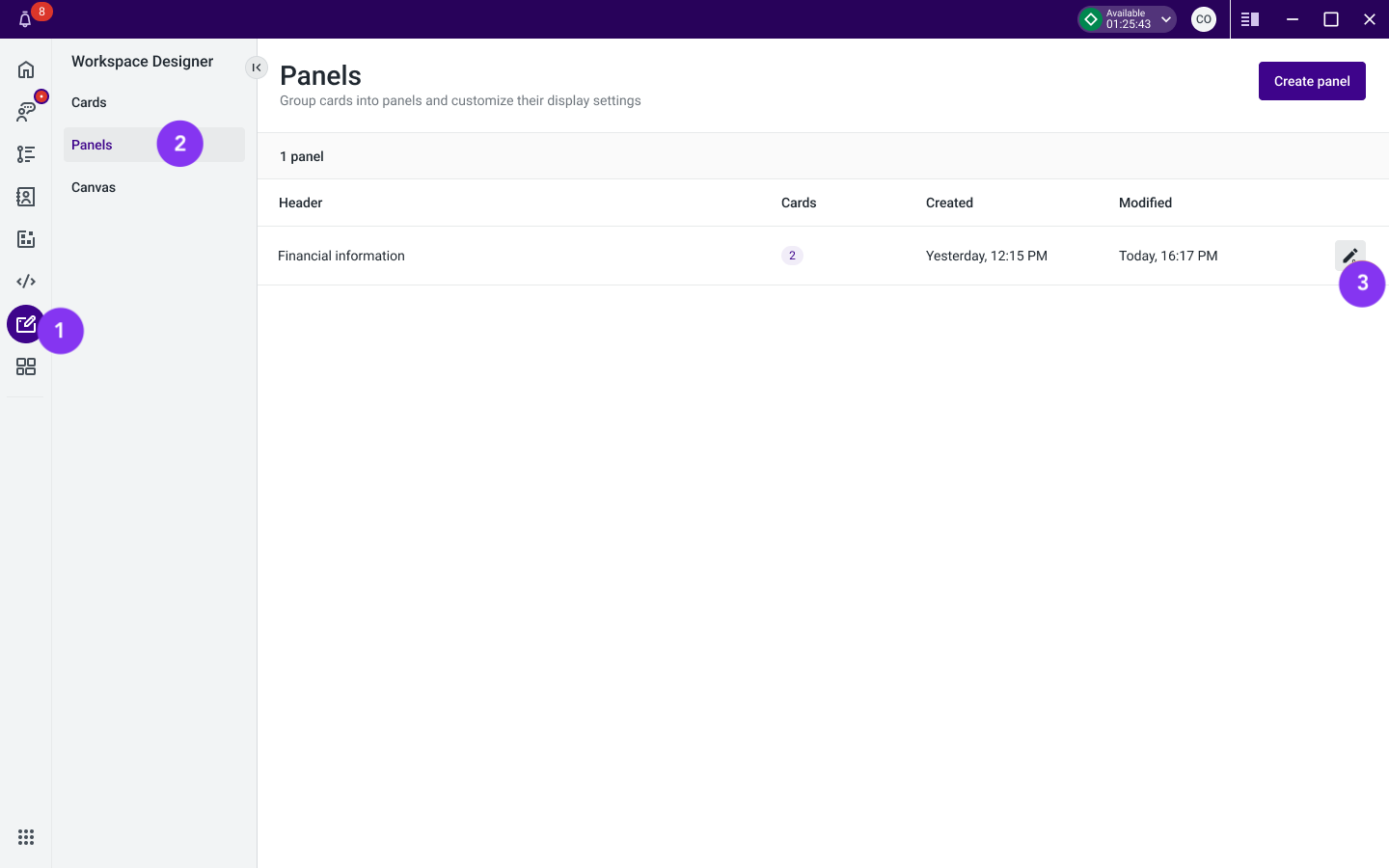 Figure 3 - Panels list in Workspace Designer