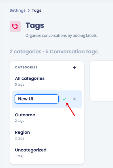 Screenshot of the Categories panel with a new category row being named inline, showing the tick and cross controls