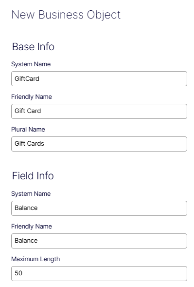 New Business Object form showing Base Info and Field Info sections for defining a custom data object