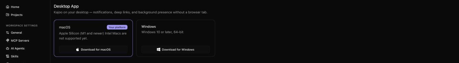 The Desktop App page with download buttons for macOS and Windows