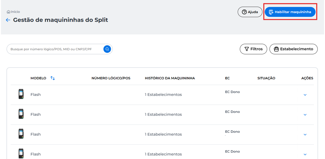 Habilitação do Split na maquininha