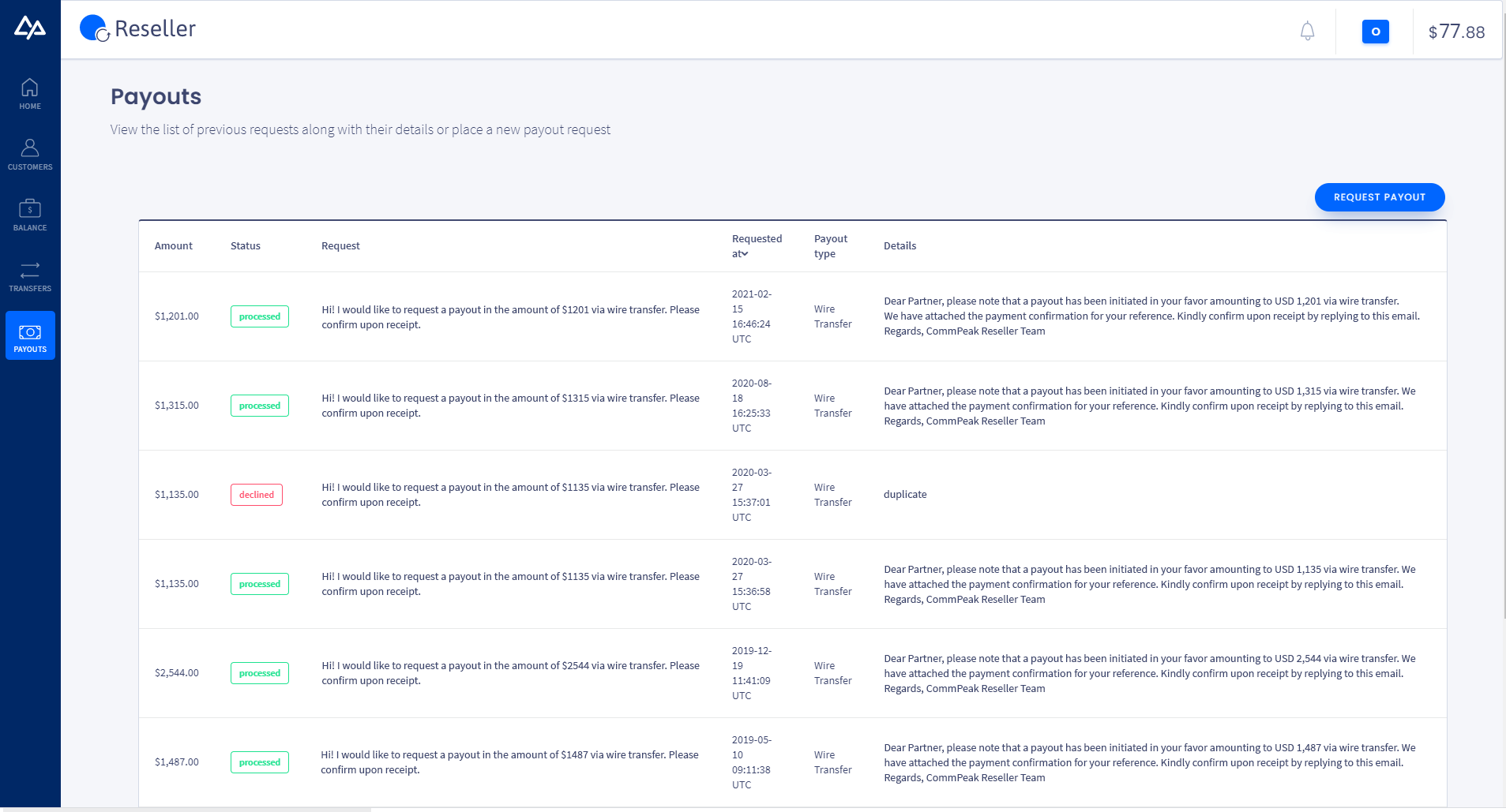 Screenshot of the **Payouts** page