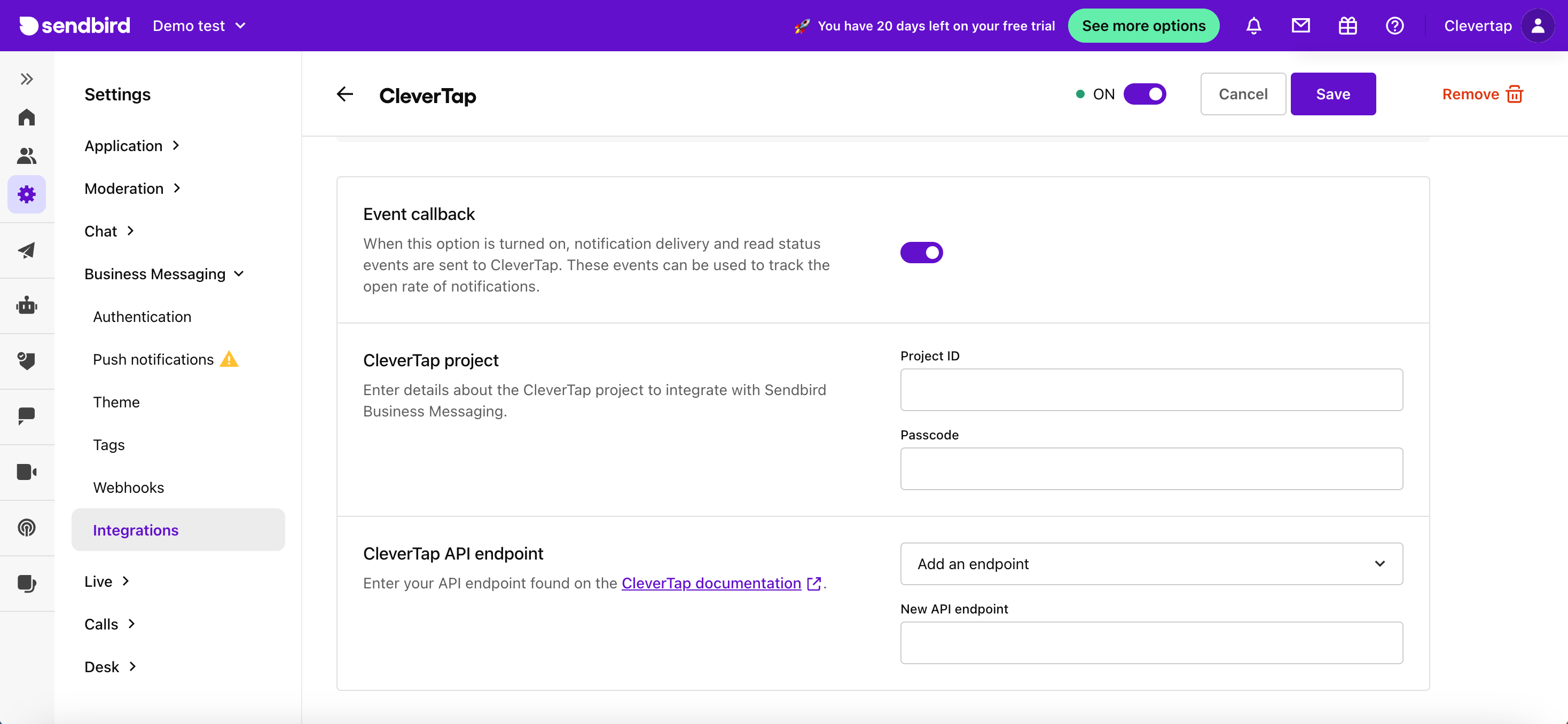 Sendbird Project ID, Passcode and API endpoint