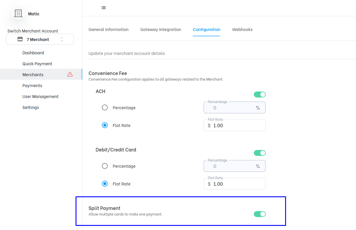 Merchant setting tab with the button switched on