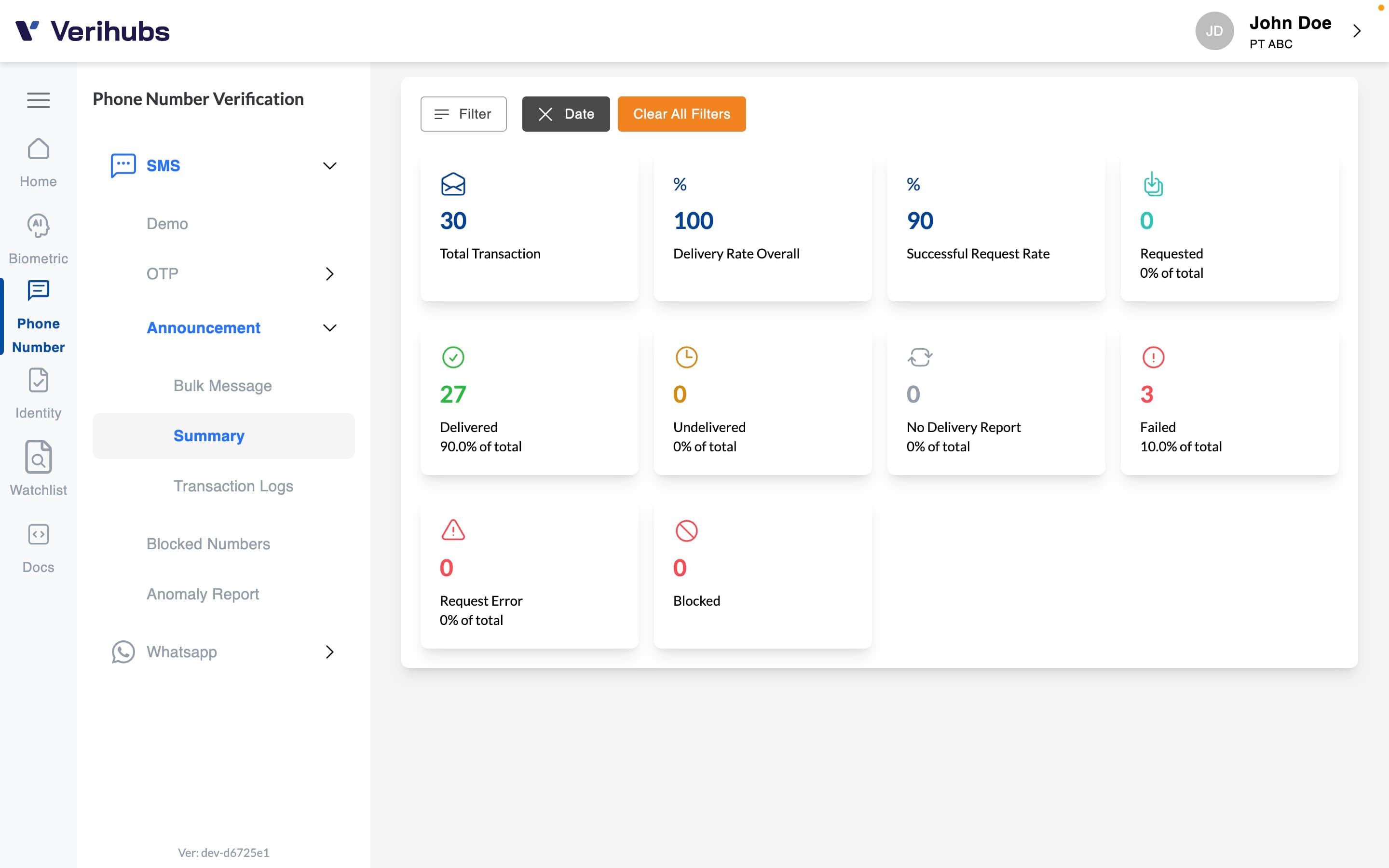 Verihubs Dashboard - SMS Announcement - Summary