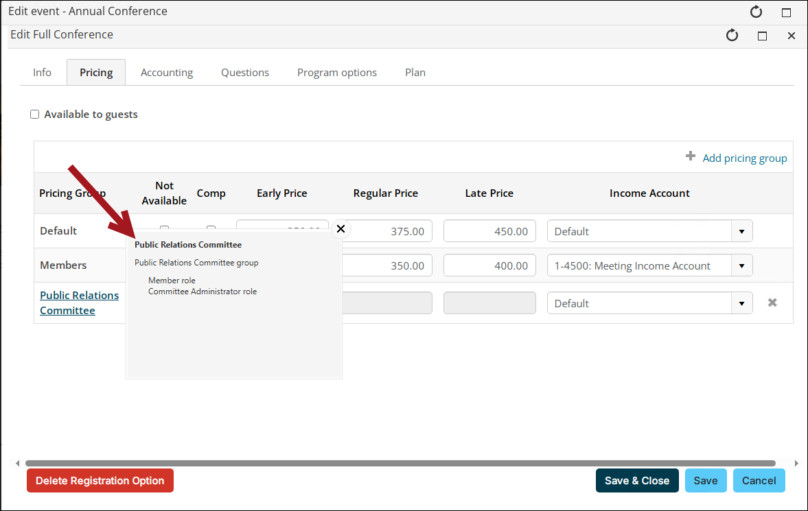 View details from the Pricing tab