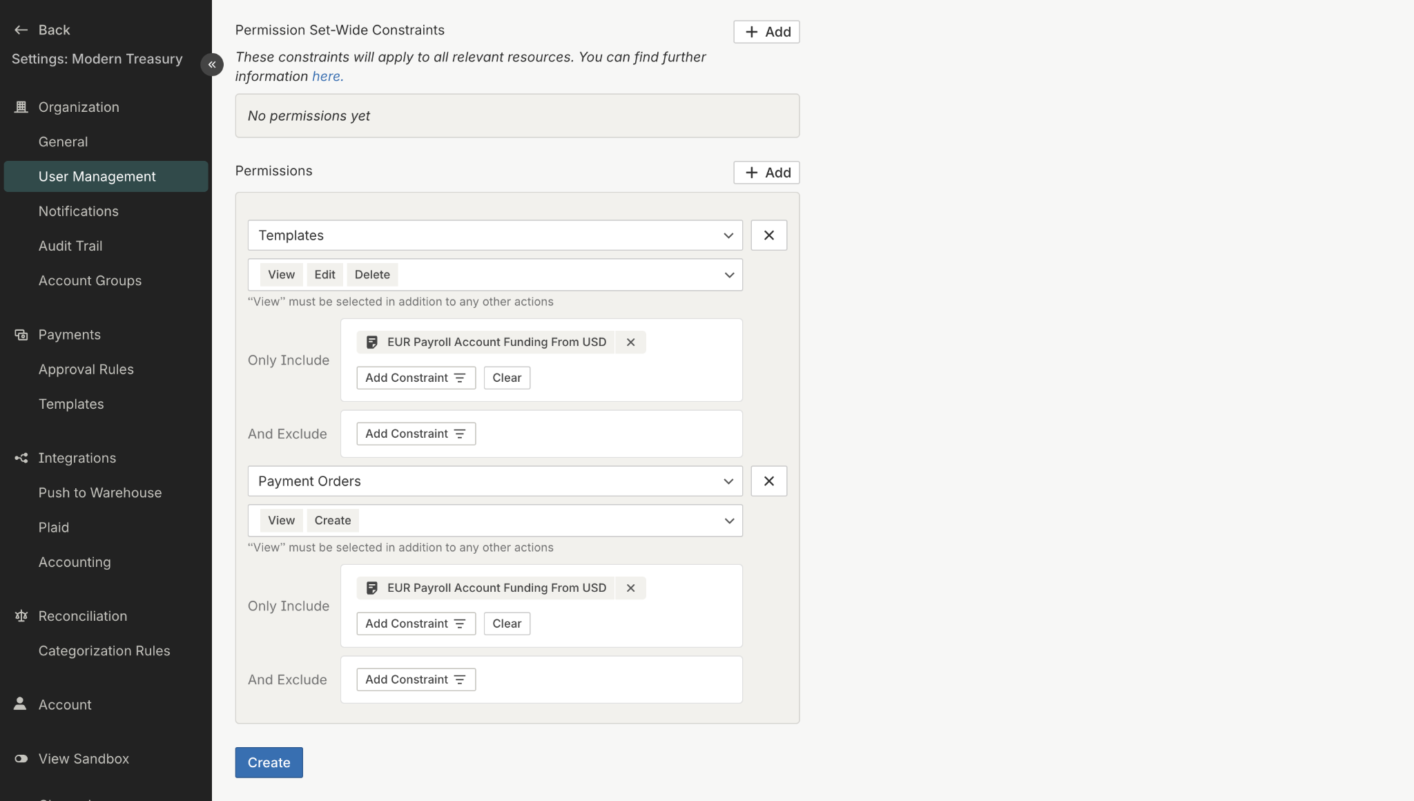 Permission to use specific templates in a Payment Order