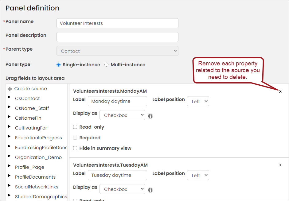 Removing each property related to the source you need to delete