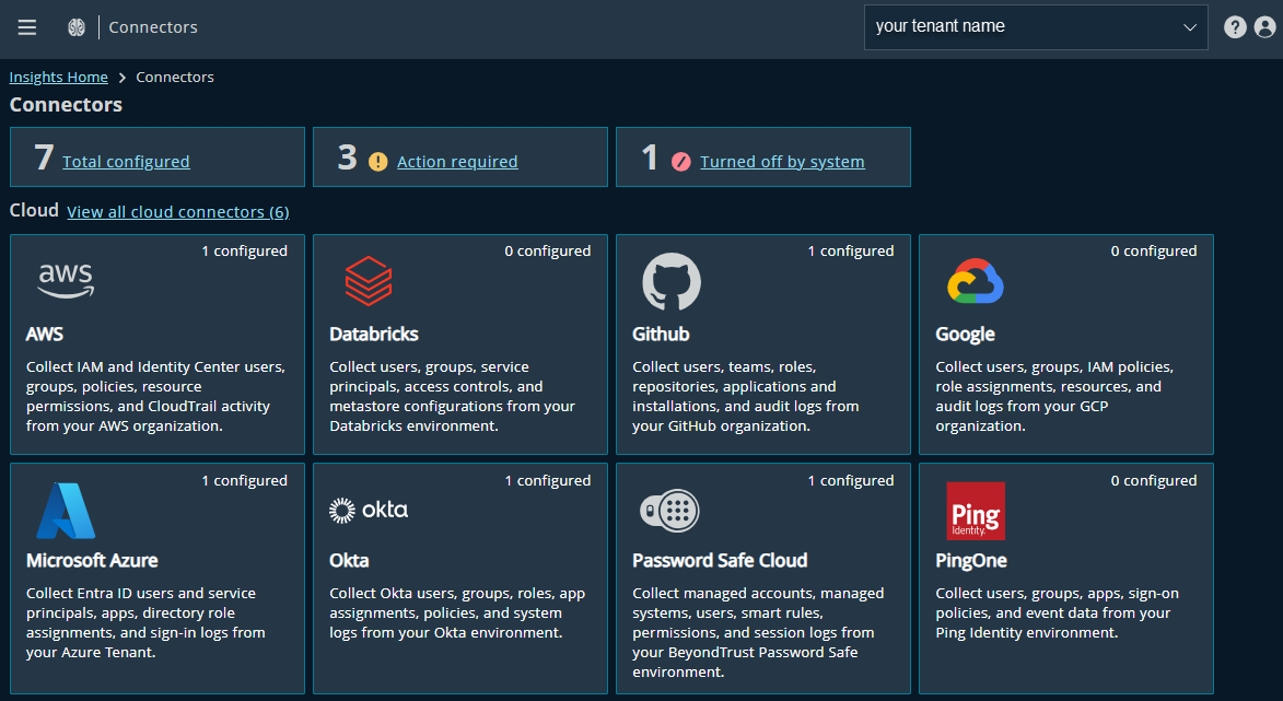 The Connectors landing page in Identity Security Insights