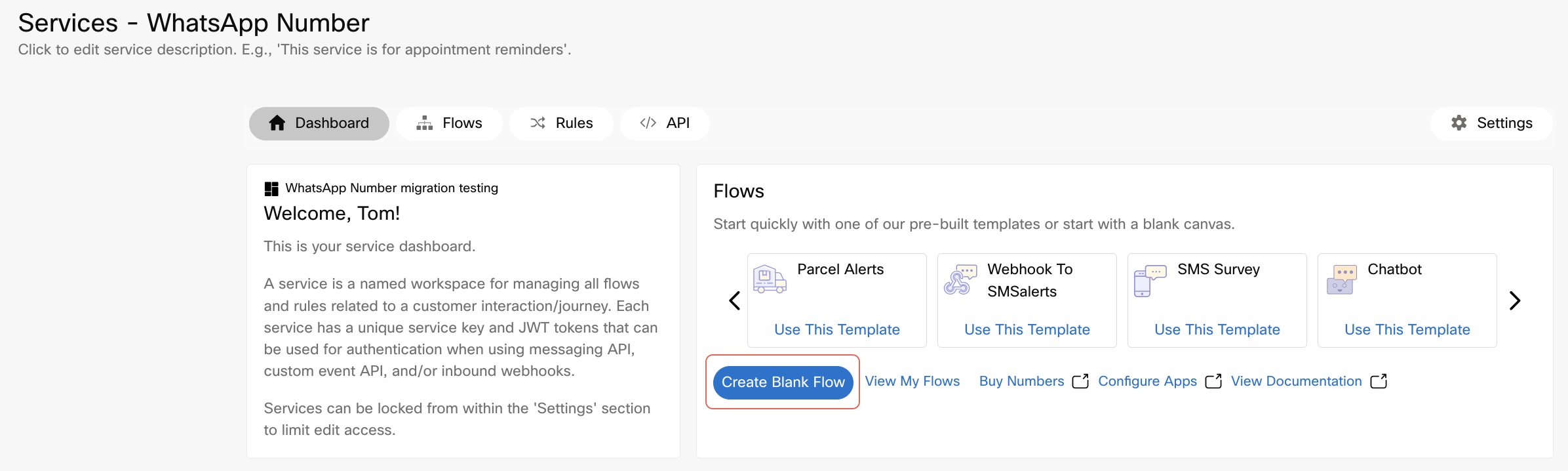 Creating a Blank Flow from Services Dashboard