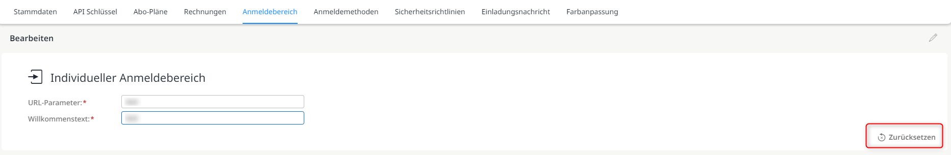 Einen individuellen Anmeldebereich mit Hilfe des "Zurücksetzen"-Buttons löschen