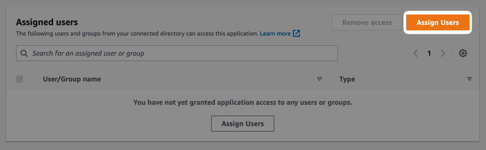 Screenshot of AWS Identity Center UI showing assigned users