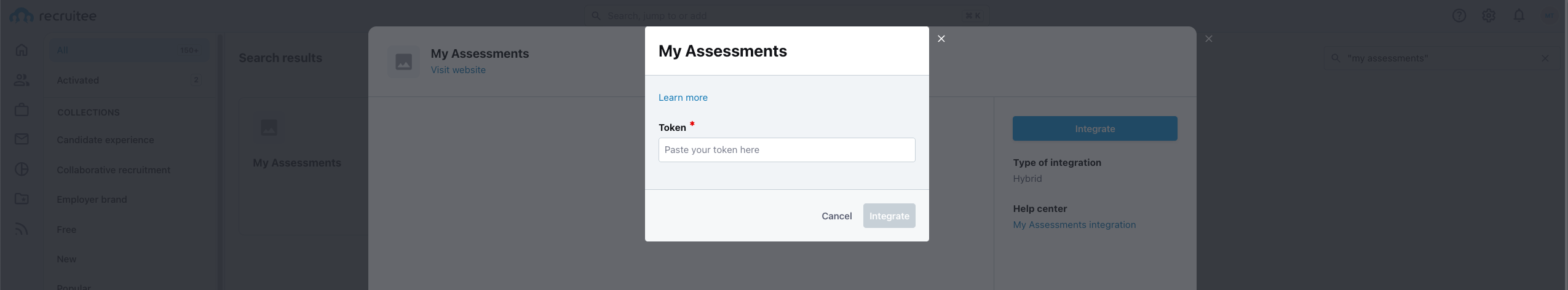 Paste token and Click "Integrate"