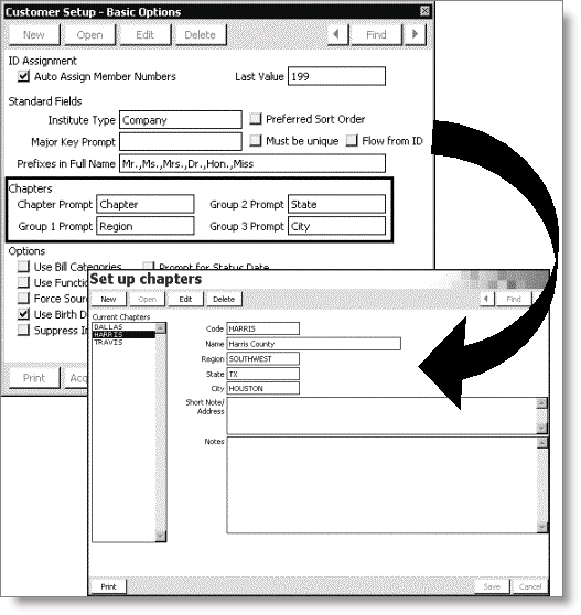 Sample chapter prompts defined on Customer Setup - Basic Options window displaying on Chapters window