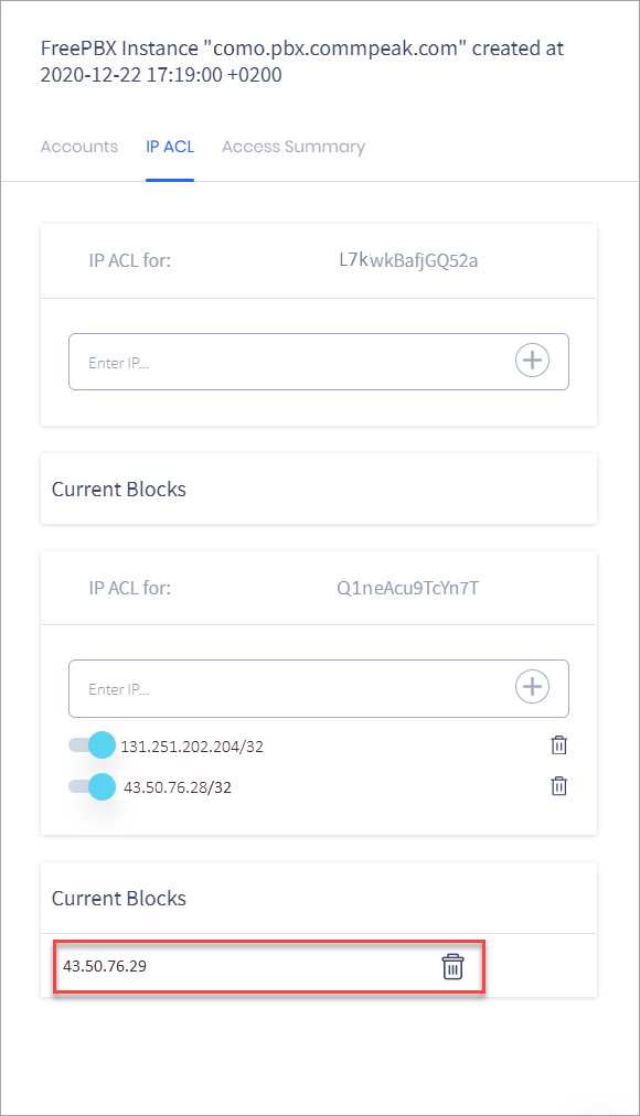 Screenshot of the ACL rule settings with current blocks