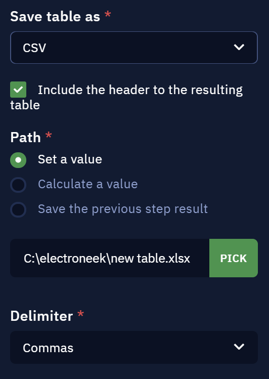 Options for CSV format