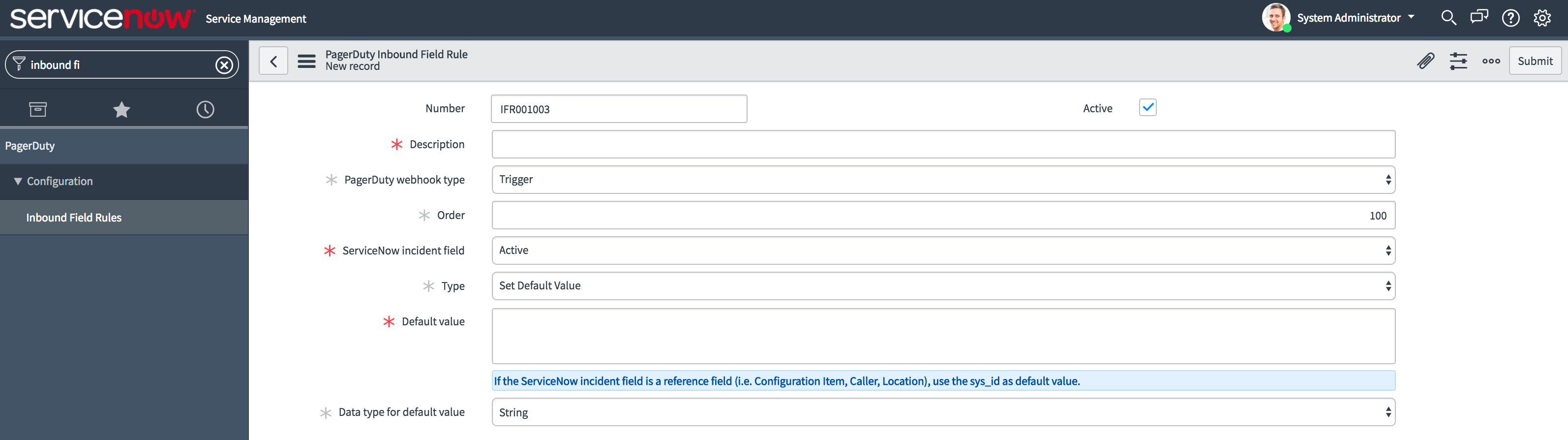 Inbound Field Rule definition form