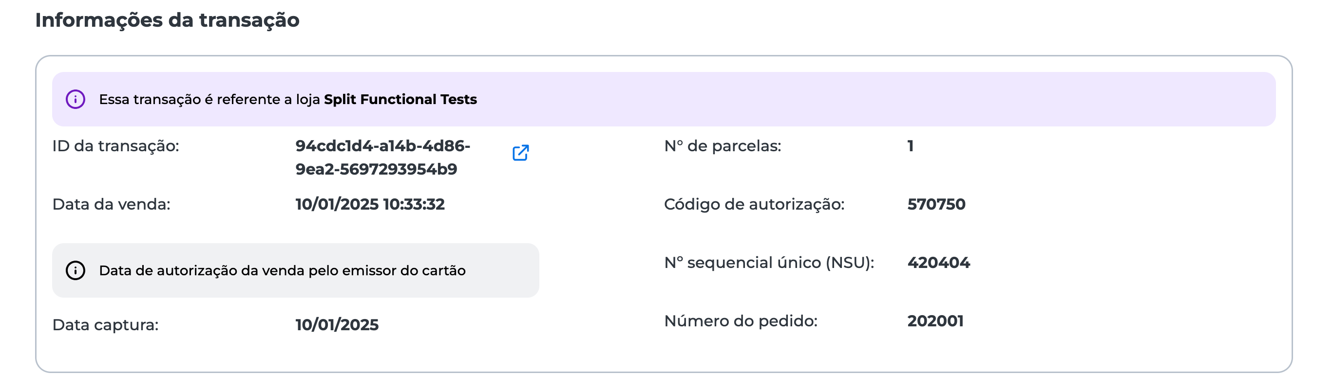 Tela com o ID da transação