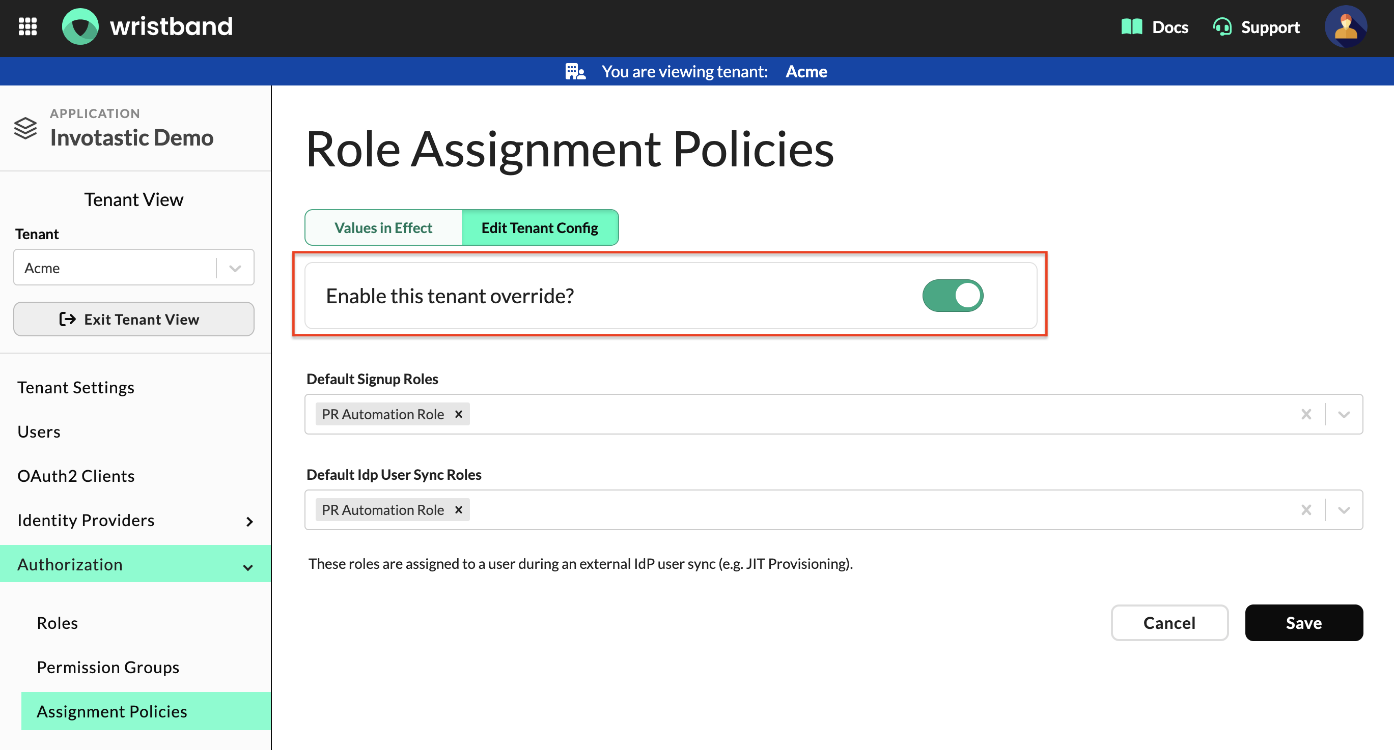 Role Assignment Policies in the Tenant View showing the tenant override toggle