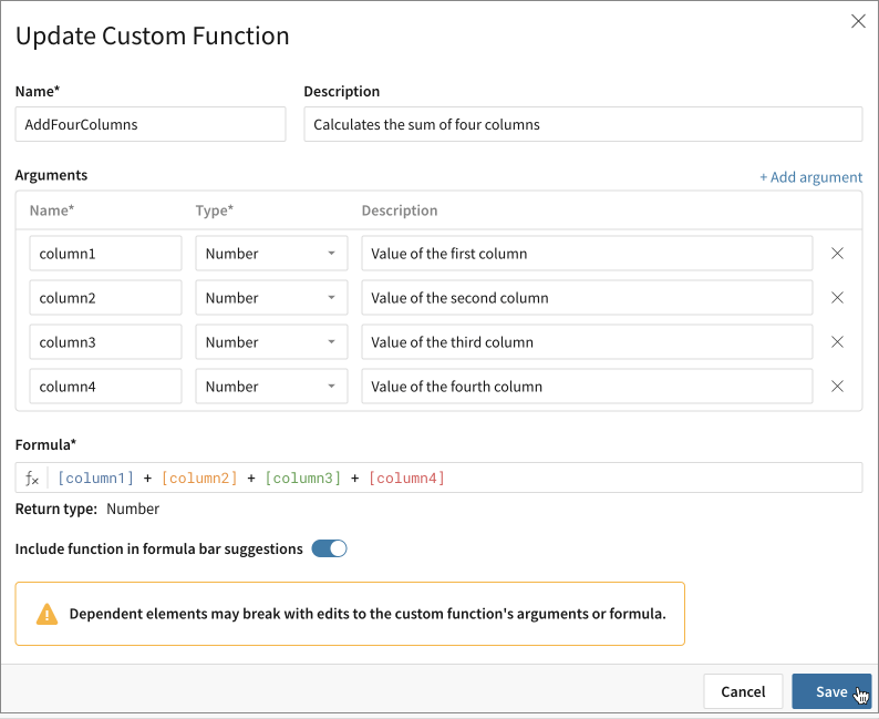 Update custom function interface