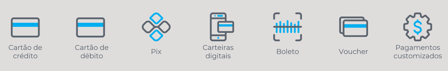 Cartão de crédito, cartão de débito, Pix, carteiras digitais, boleto, voucher, pagamentos customizados
