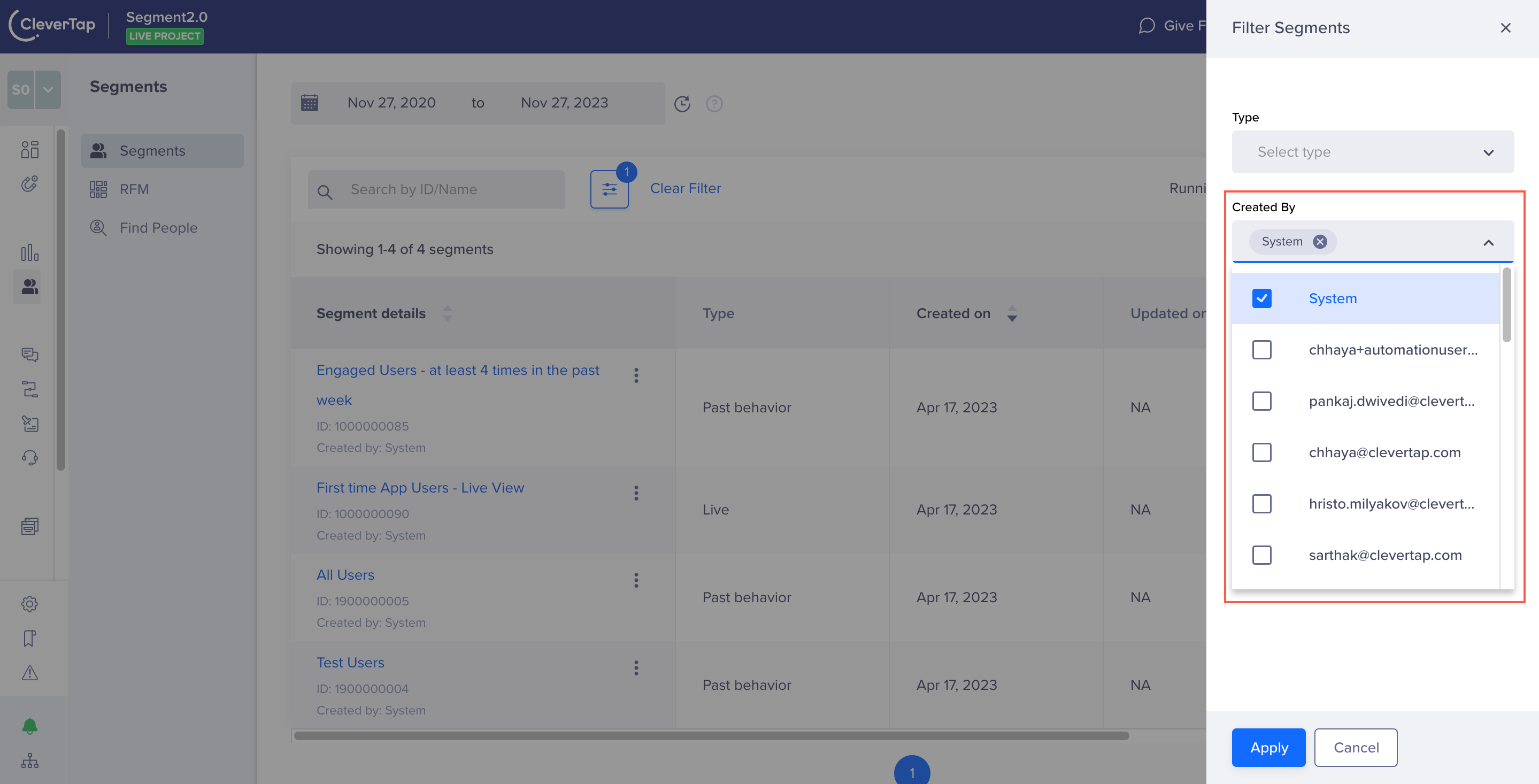 Filter System User Segments