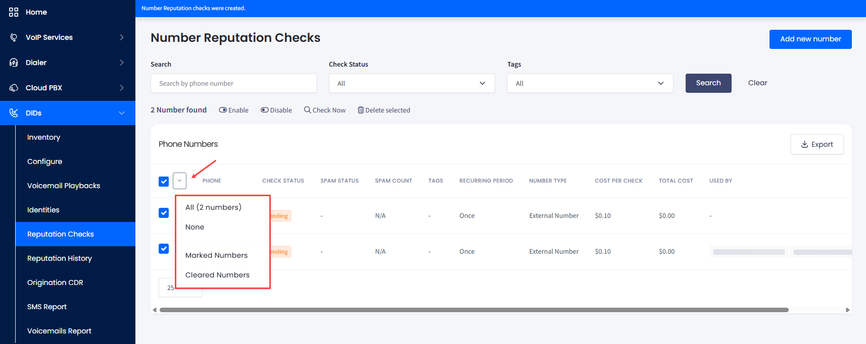 Screenshot of bulk phone numbers management