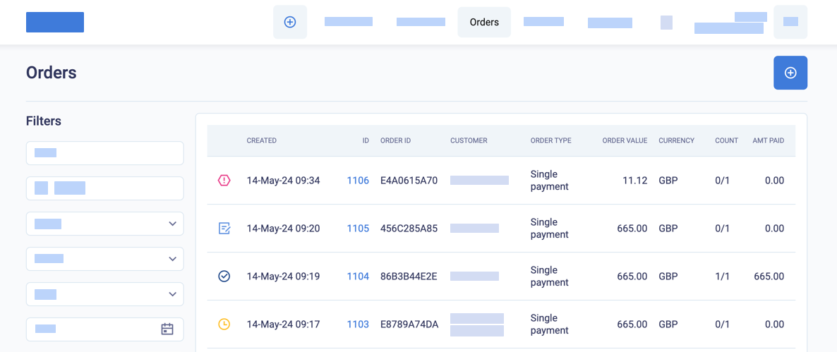 New single payment orders in the Orders list