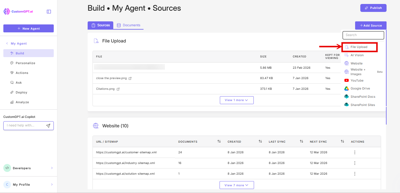 screenshot: File upload option in the dropdown menu of sources button
