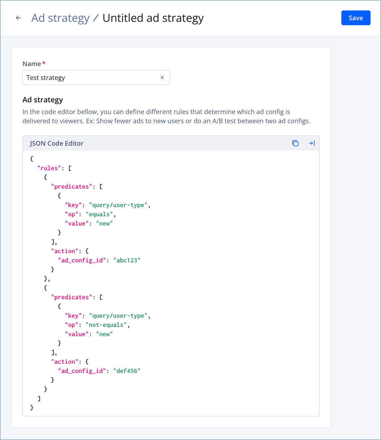 Ad strategy details page