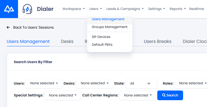 Screenshot of the Users Management tab