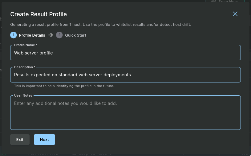Screenshot of the first page of the Create Result Profile dialog.