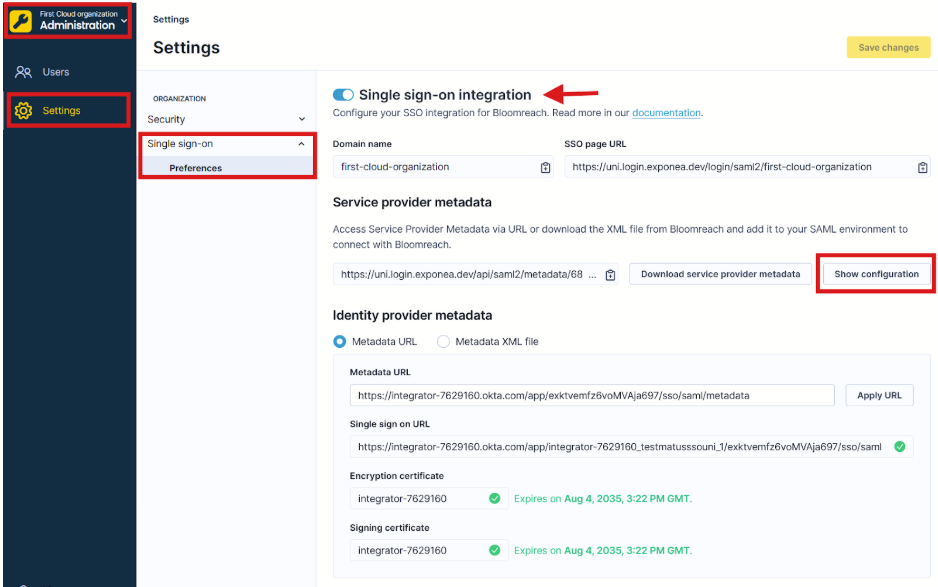 Bloomreach SSO settings with Single sign-on integration toggle and Show configuration button highlighted.