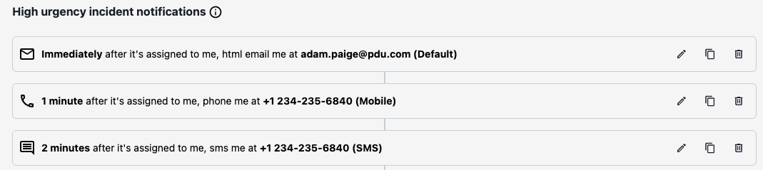 A screenshot of the PagerDuty web app detailing a user's phone notification rule