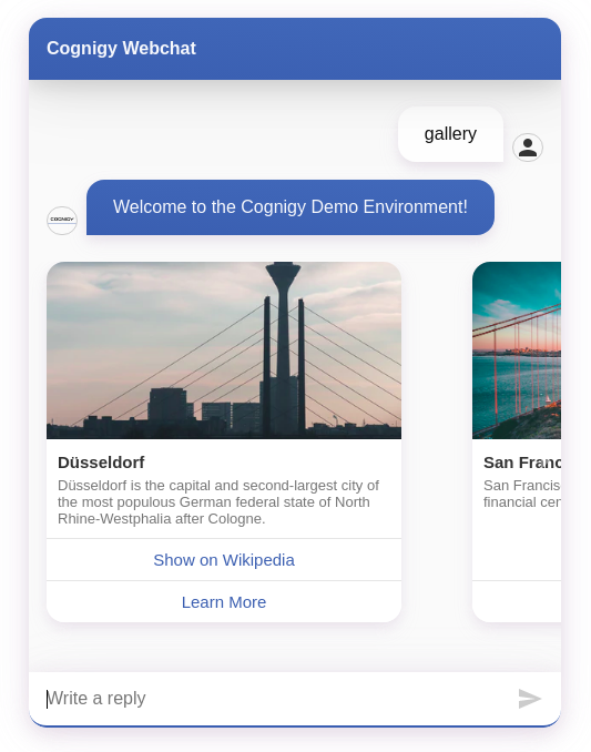 The Cognigy Webchat rendering a Gallery Template