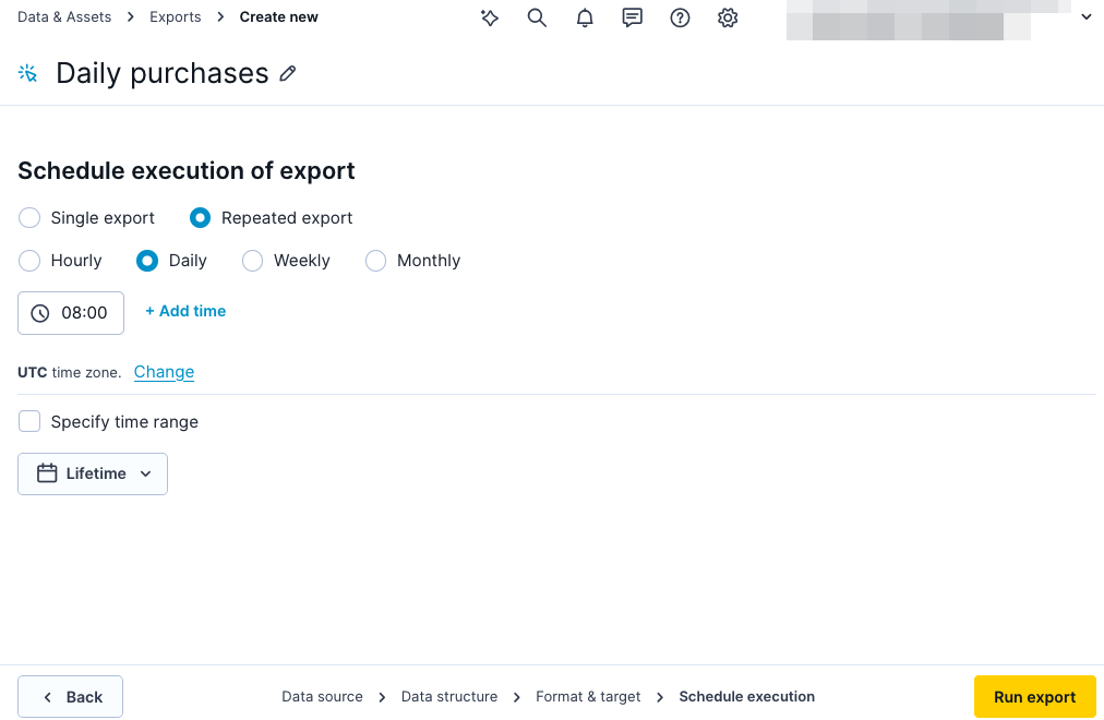 Schedule execution step with Repeated export, Daily frequency, and 08:00 time set.
