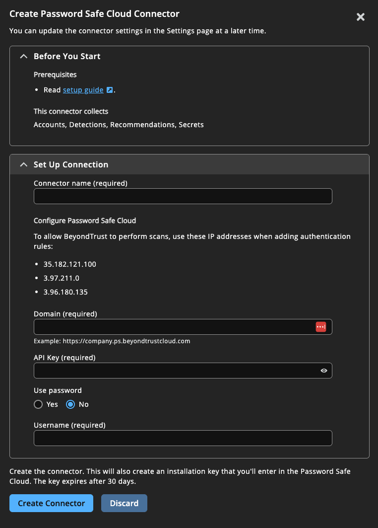 Password Safe Cloud connector settings